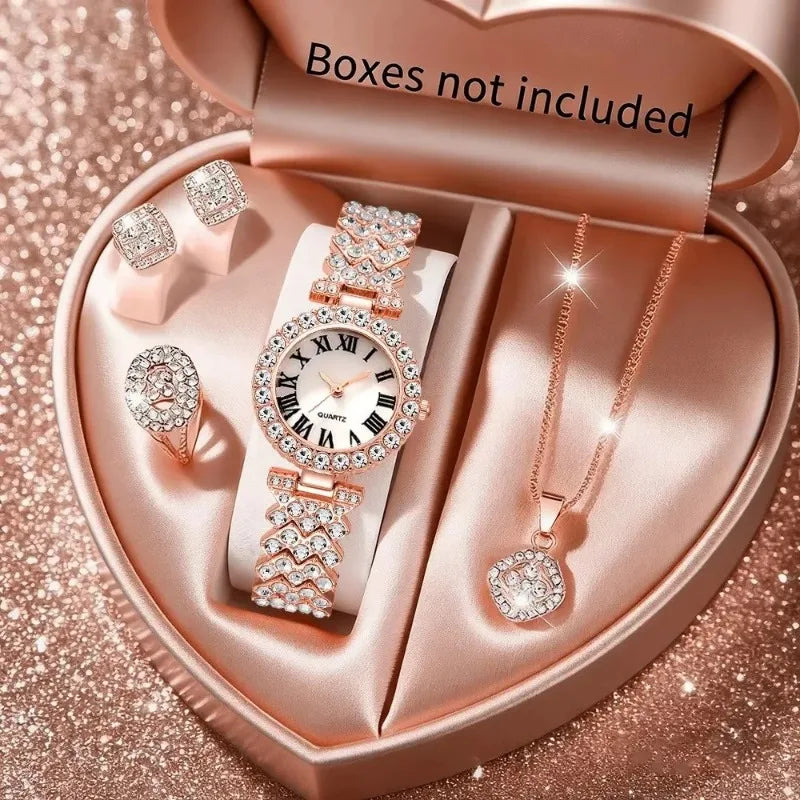5PCS Elegant Rhinestone Women Quartz Watch Jewelry Set Fashion Ladies Bracelet Strap Wristwatches Reloj Mujer（Without Box） - Gifts