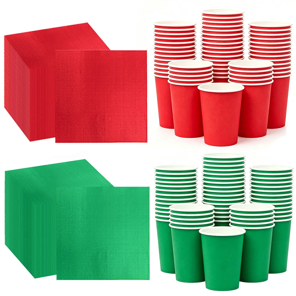 20, 40, 60, 80, 100Pcs Green and Red Paper Cups Napkin Disposable Tableware Party Napkin Drink Cups Birthday Christmas Holiday Party Supplies