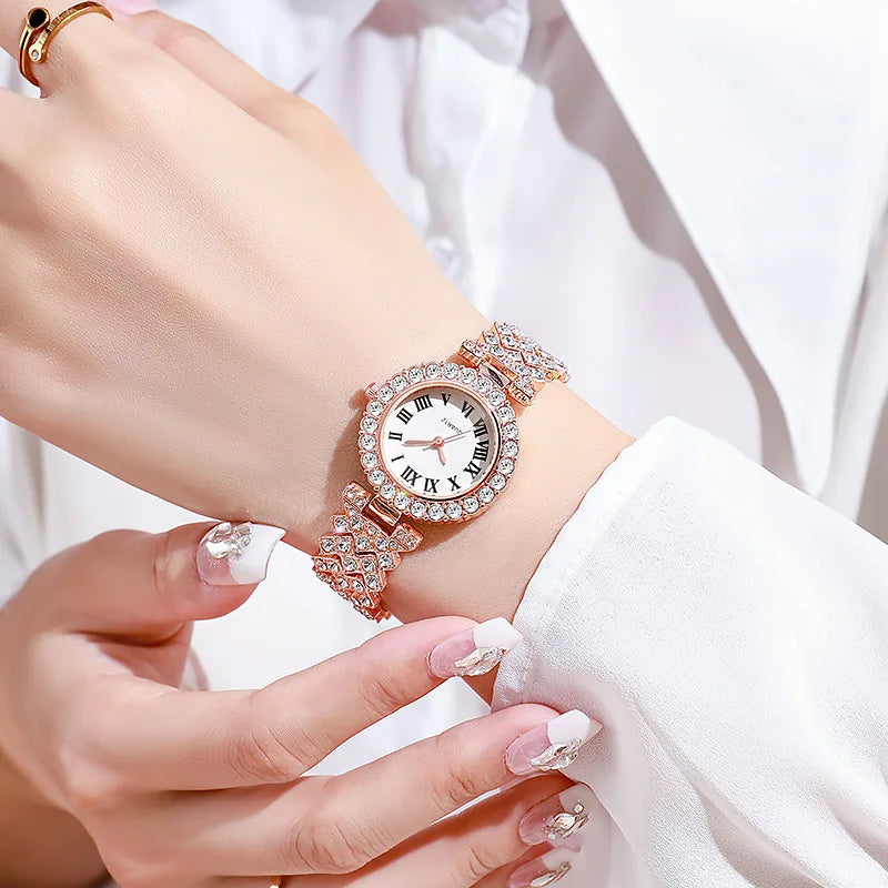 5PCS Elegant Rhinestone Women Quartz Watch Jewelry Set Fashion Ladies Bracelet Strap Wristwatches Reloj Mujer（Without Box） - Gifts