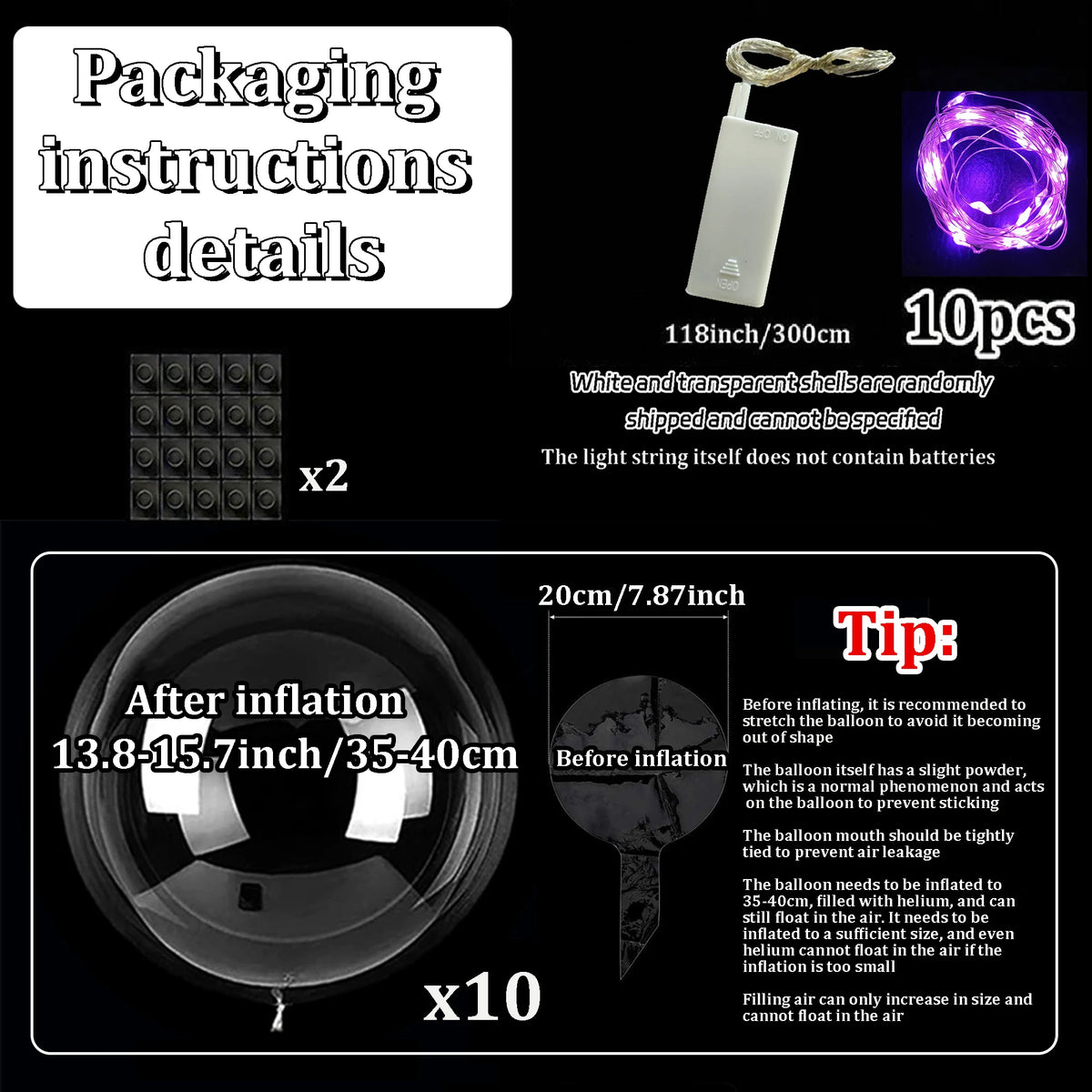Ten Piece Set of LED Transparent Luminous Balloons for Anniversary, Wedding, Birthday, Party Decoration