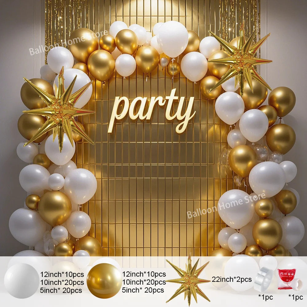 White and Gold Balloons Garland Arch : Starburst Foil Balloon for Wedding, Anniversary, Birthday Party Decorations