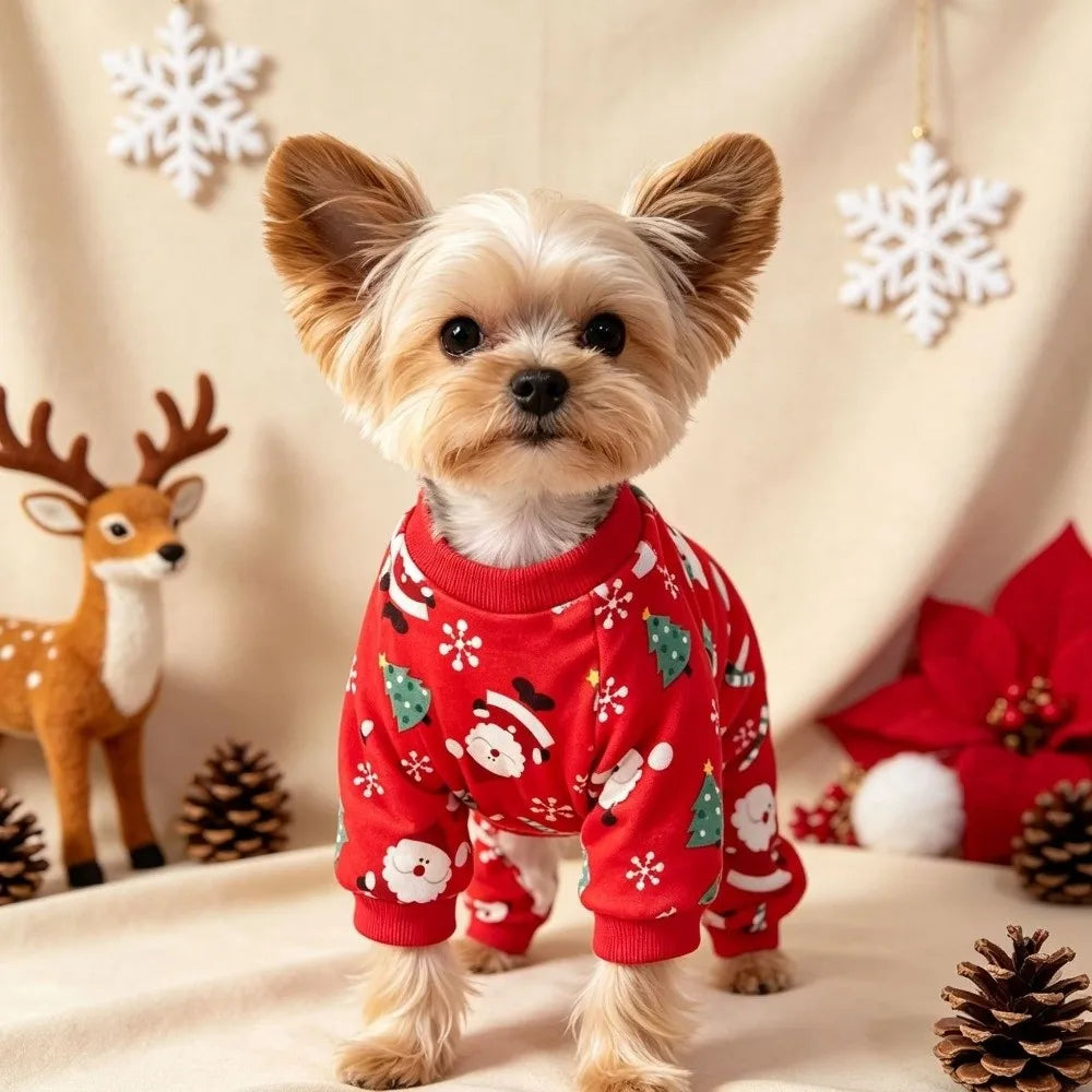 Cute Soft Fleece Christmas Dog Jumpsuit Warm Santa Claus Print Breathable