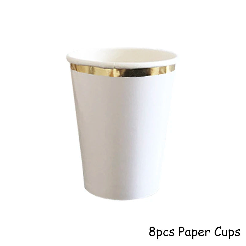 Deluxe White Disposable Tableware Set Party Gold Paper Plates for Weddings; Birthday Party; Baby Shower ; Party Supplies