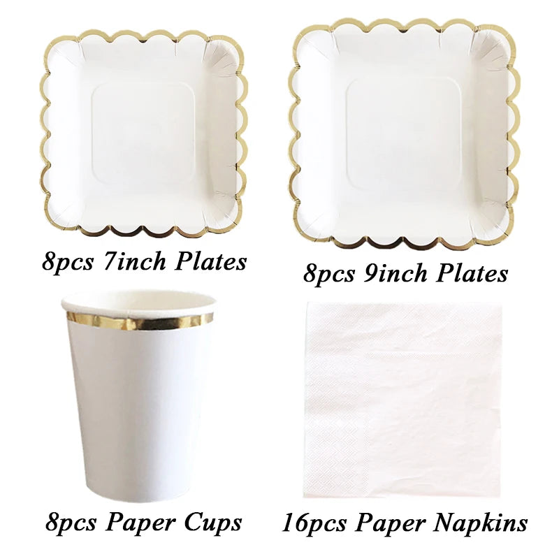 Deluxe White Disposable Tableware Set Party Gold Paper Plates for Weddings; Birthday Party; Baby Shower ; Party Supplies
