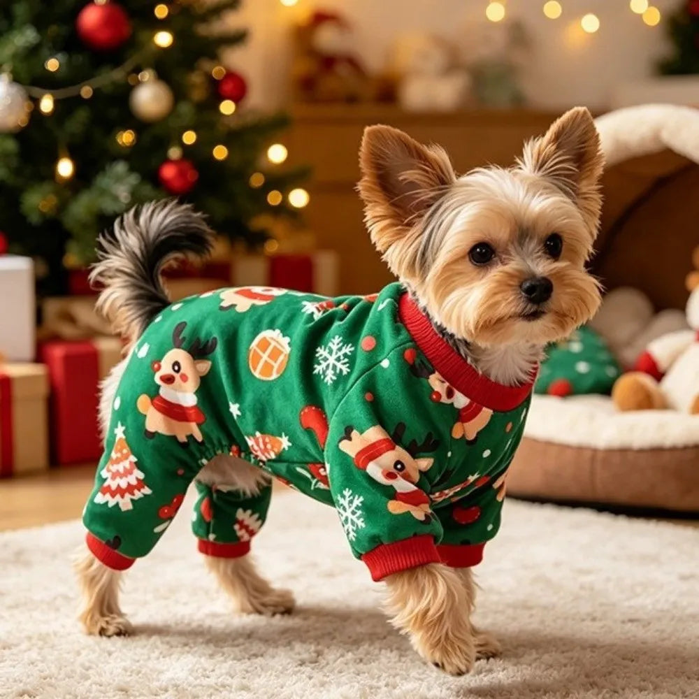 Cute Soft Fleece Christmas Dog Jumpsuit Warm Santa Claus Print Breathable