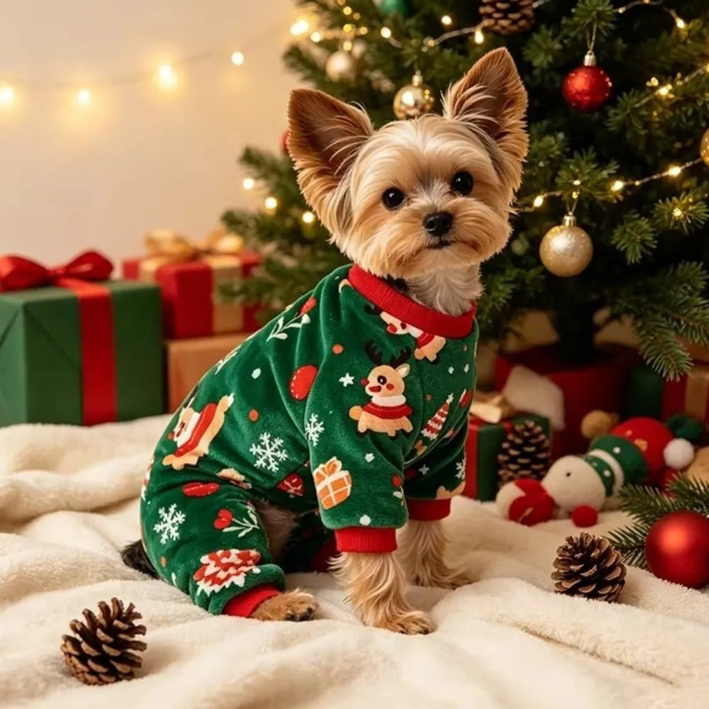 Cute Soft Fleece Christmas Dog Jumpsuit Warm Santa Claus Print Breathable
