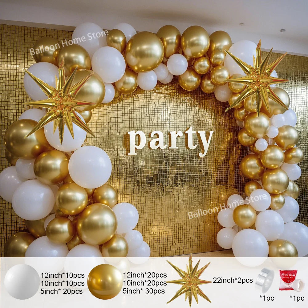 White and Gold Balloons Garland Arch : Starburst Foil Balloon for Wedding, Anniversary, Birthday Party Decorations