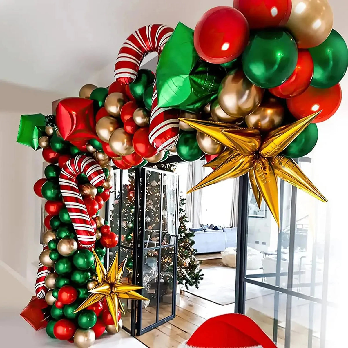 Red Green White Christmas Balloon Garland Arch Balloons with Candy Cane Balloon