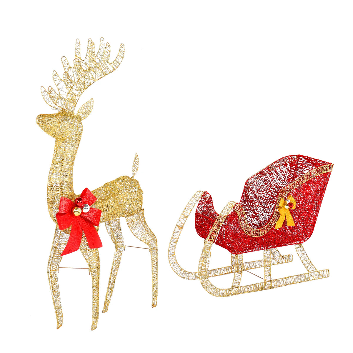 4ft Pre-Lit Golden Elk & Sleigh Christmas Decoration, Light Up Reindeer Sled with 210 LED Lights, Outdoor Garden Yard Festive Ornament, Mains Powered UK Plug, 120cm