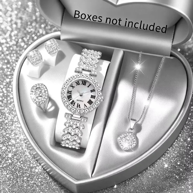 5PCS Elegant Rhinestone Women Quartz Watch Jewelry Set Fashion Ladies Bracelet Strap Wristwatches Reloj Mujer（Without Box） - Gifts