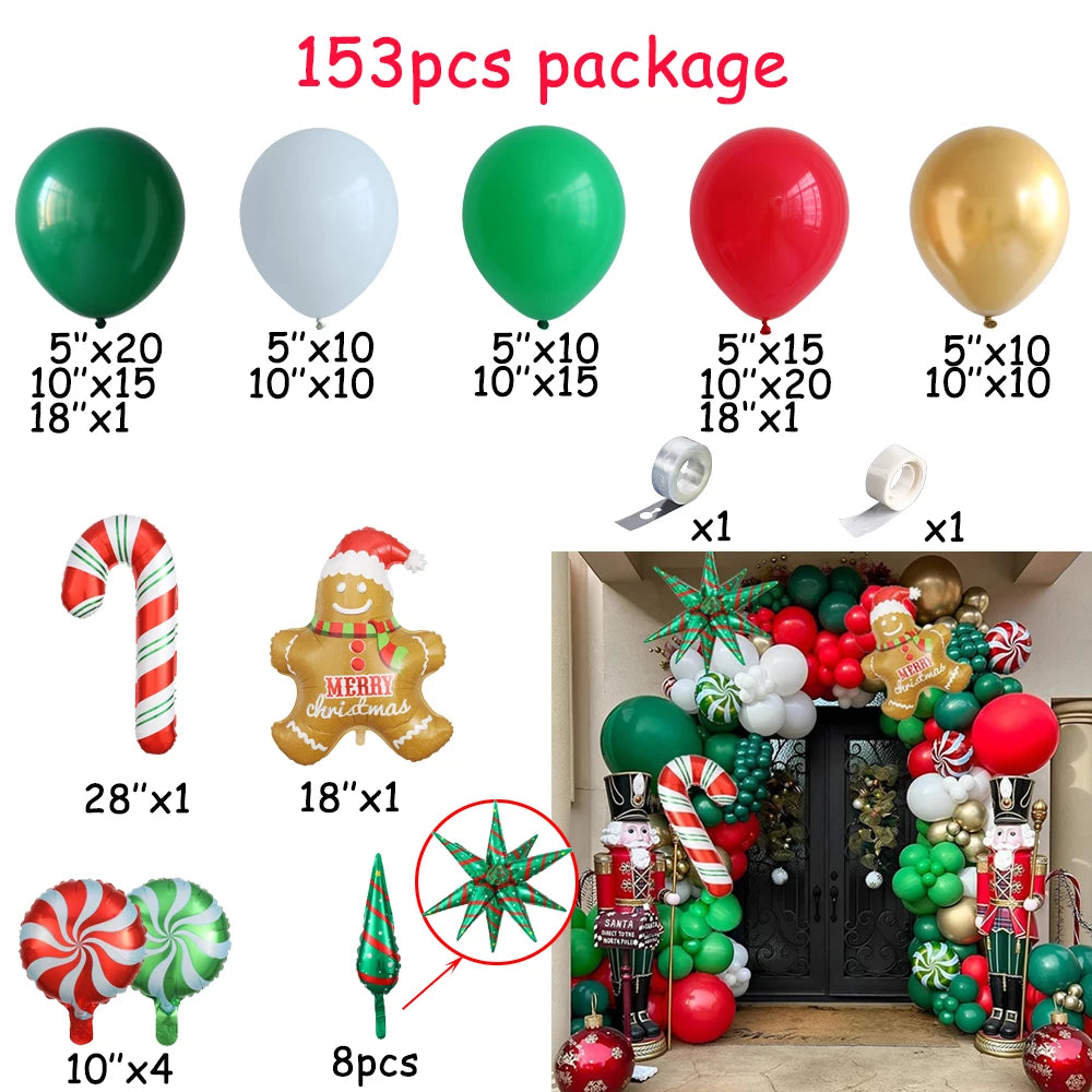 Christmas Balloon Garland Arch Kit Red Green Candy Cane Gingerbread Man Balloon Christmas Party Decoration 153pcs