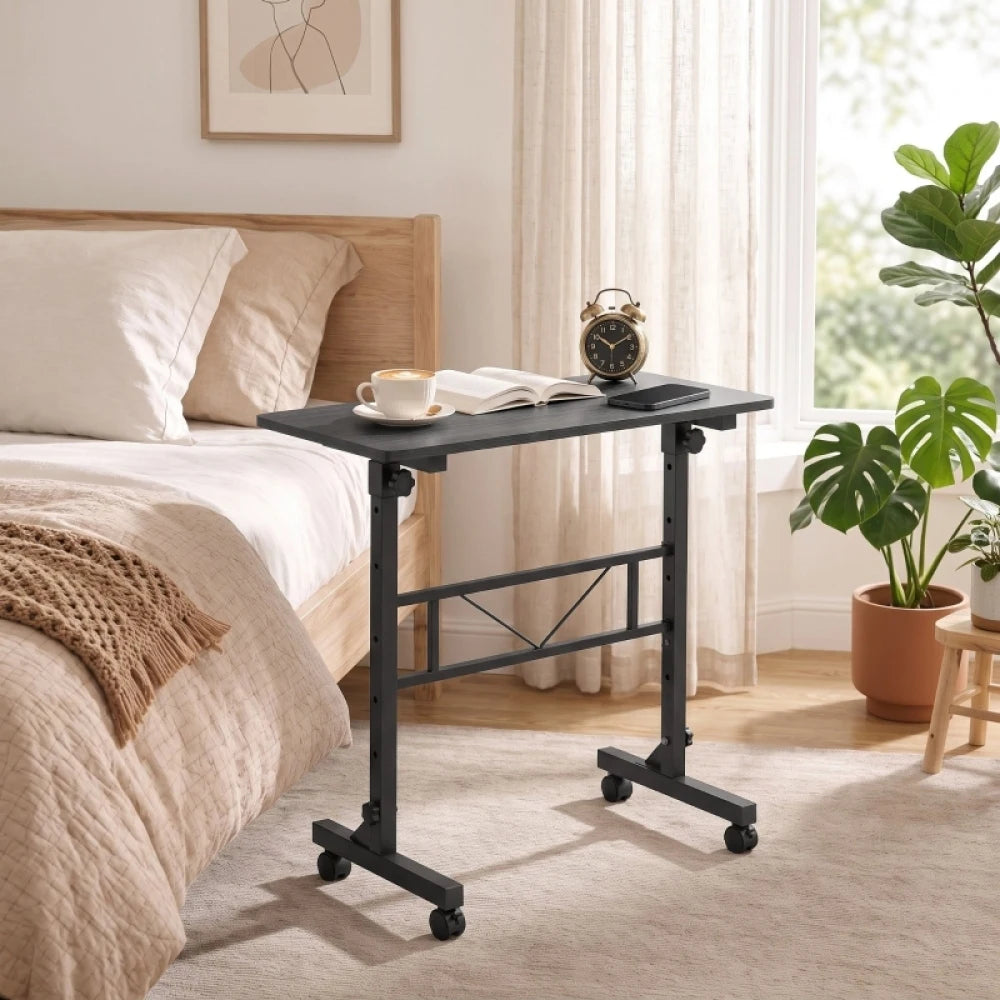 Overbed Table Adjustable Height 70-110cm, Mobile Laptop Side Table with Lockable Wheels, Steel Frame Rolling Bedside Table for Bedroom Living Room Study, 80×40cm Desktop Hold Up to 15kg