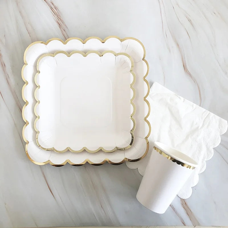 Deluxe White Disposable Tableware Set Party Gold Paper Plates for Weddings; Birthday Party; Baby Shower ; Party Supplies