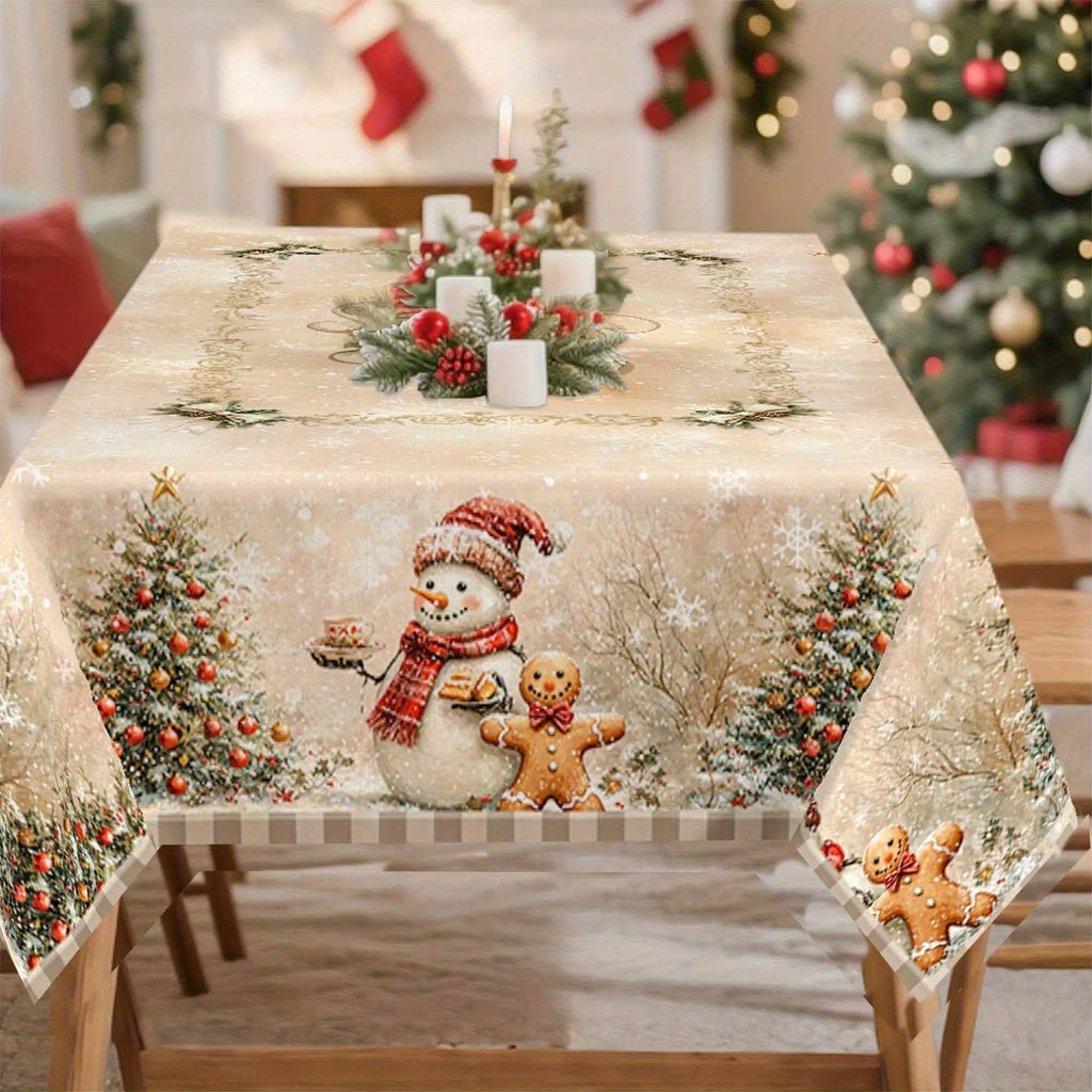 Linen Rustic Christmas Snowman & Gingerbread Man Tablecloth Rectangular Table Cover for Dining Room Kitchen - Various Sizes
