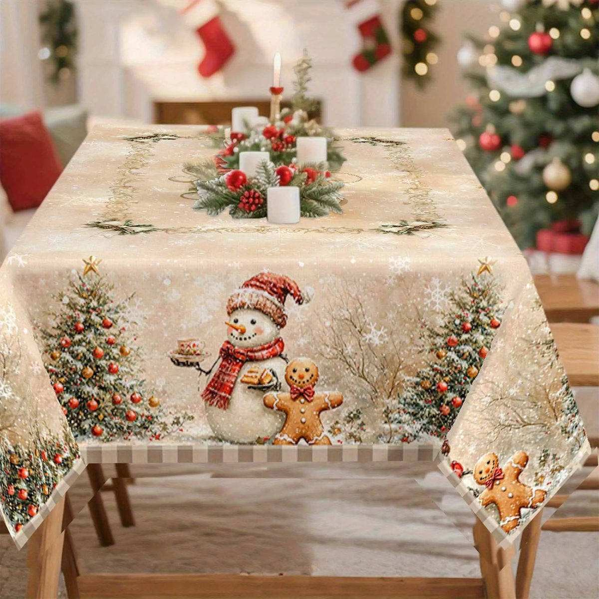 Linen Rustic Christmas Snowman & Gingerbread Man Tablecloth Rectangular Table Cover for Dining Room Kitchen - Various Sizes