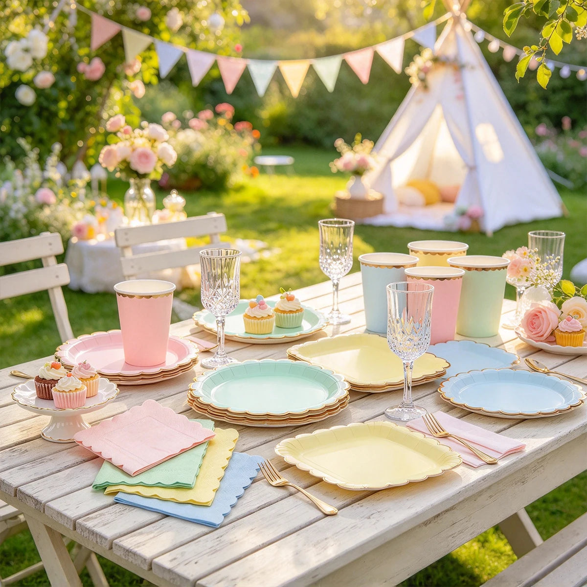 Deluxe Pastel Coloured Scalloped Edge Gold Foil Paper Plates Cups Napkins Disposable Tableware Set for Birthday Wedding Celebration Party Supplies