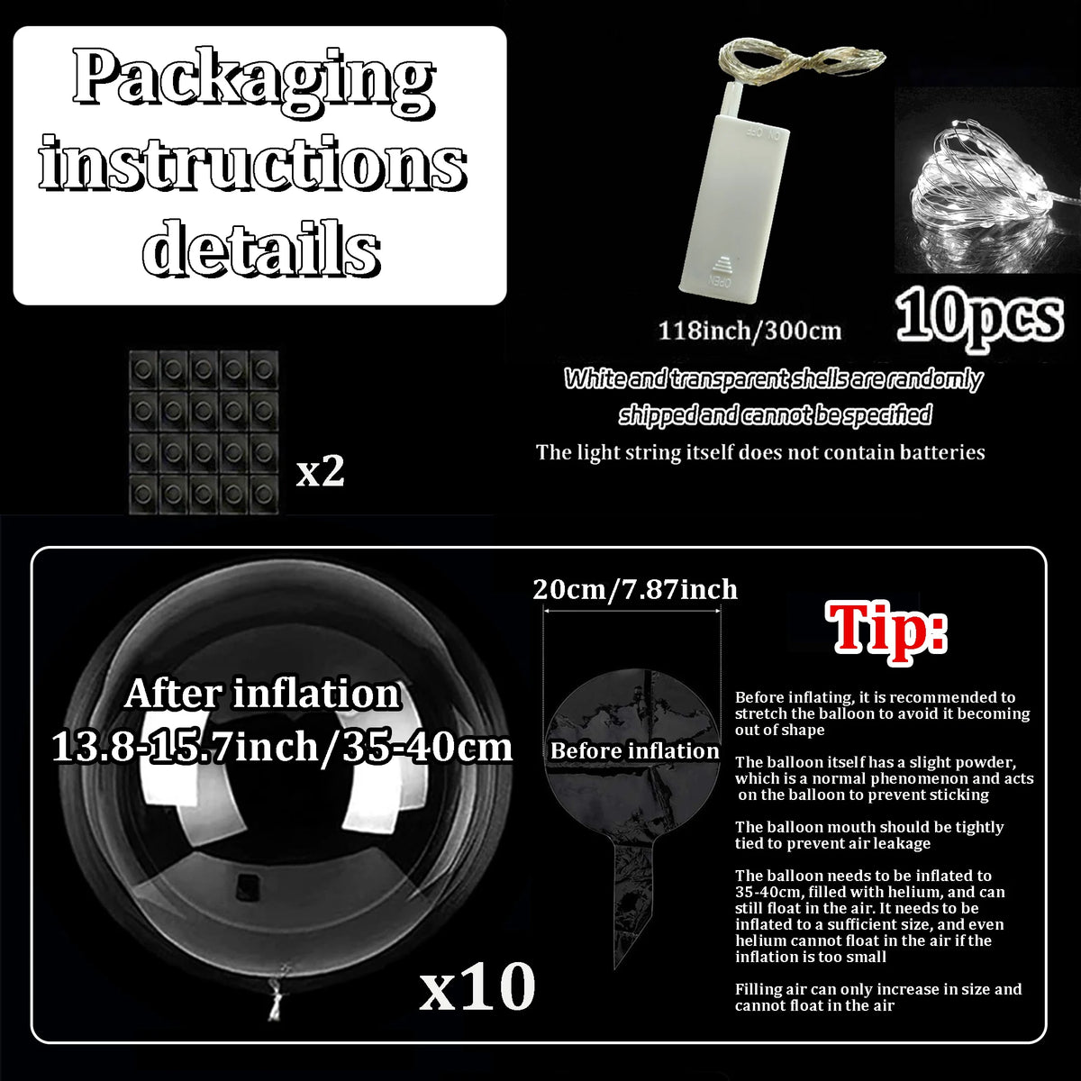Ten Piece Set of LED Transparent Luminous Balloons for Anniversary, Wedding, Birthday, Party Decoration