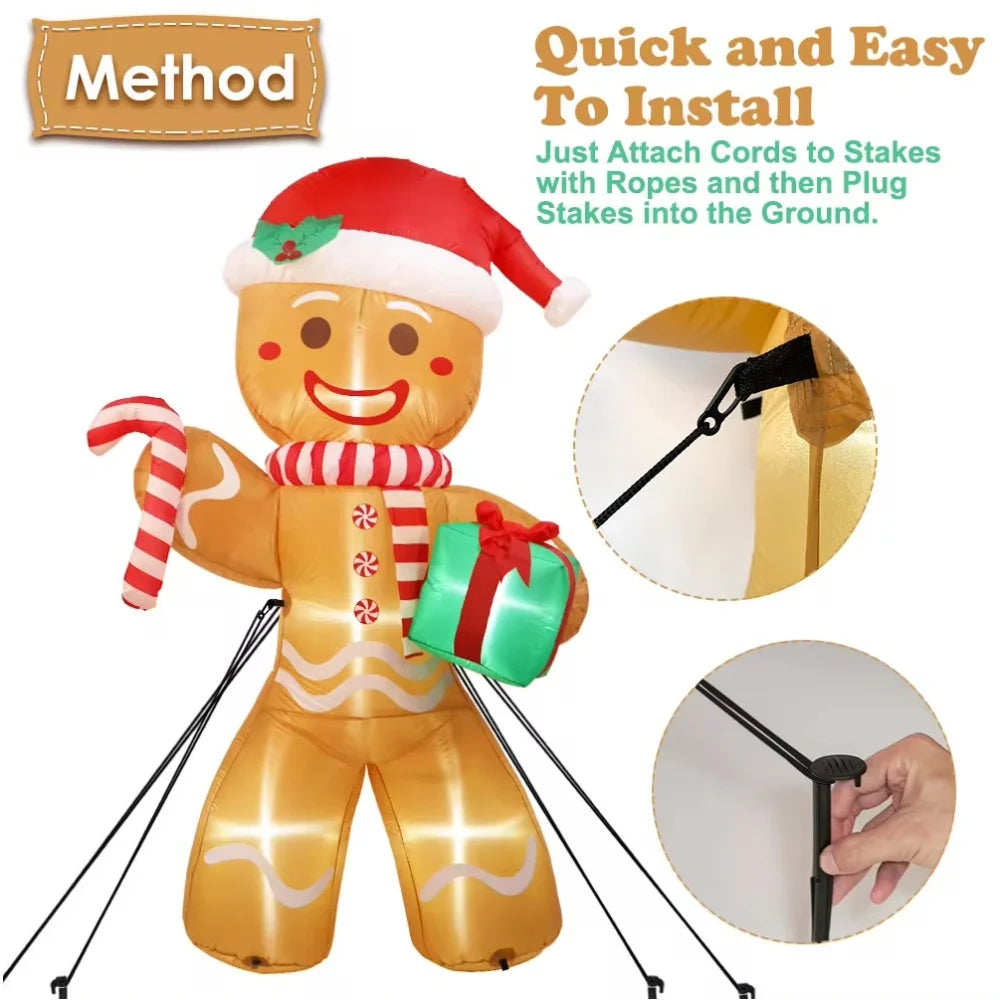 Giant Christmas Inflatables Gingerbread Man with Gift Pack Outdoor Decorations with LED Lights for Lawn 8FT/2.4M