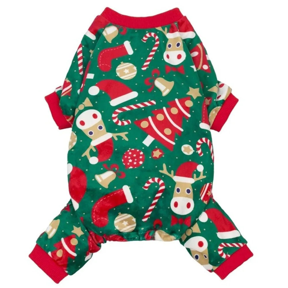 Cute Soft Fleece Christmas Dog Jumpsuit Warm Santa Claus Print Breathable