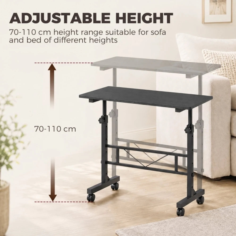 Overbed Table Adjustable Height 70-110cm, Mobile Laptop Side Table with Lockable Wheels, Steel Frame Rolling Bedside Table for Bedroom Living Room Study, 80×40cm Desktop Hold Up to 15kg