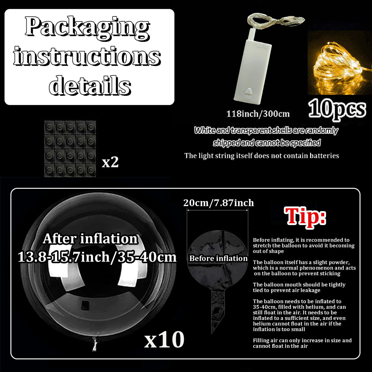 Ten Piece Set of LED Transparent Luminous Balloons for Anniversary, Wedding, Birthday, Party Decoration