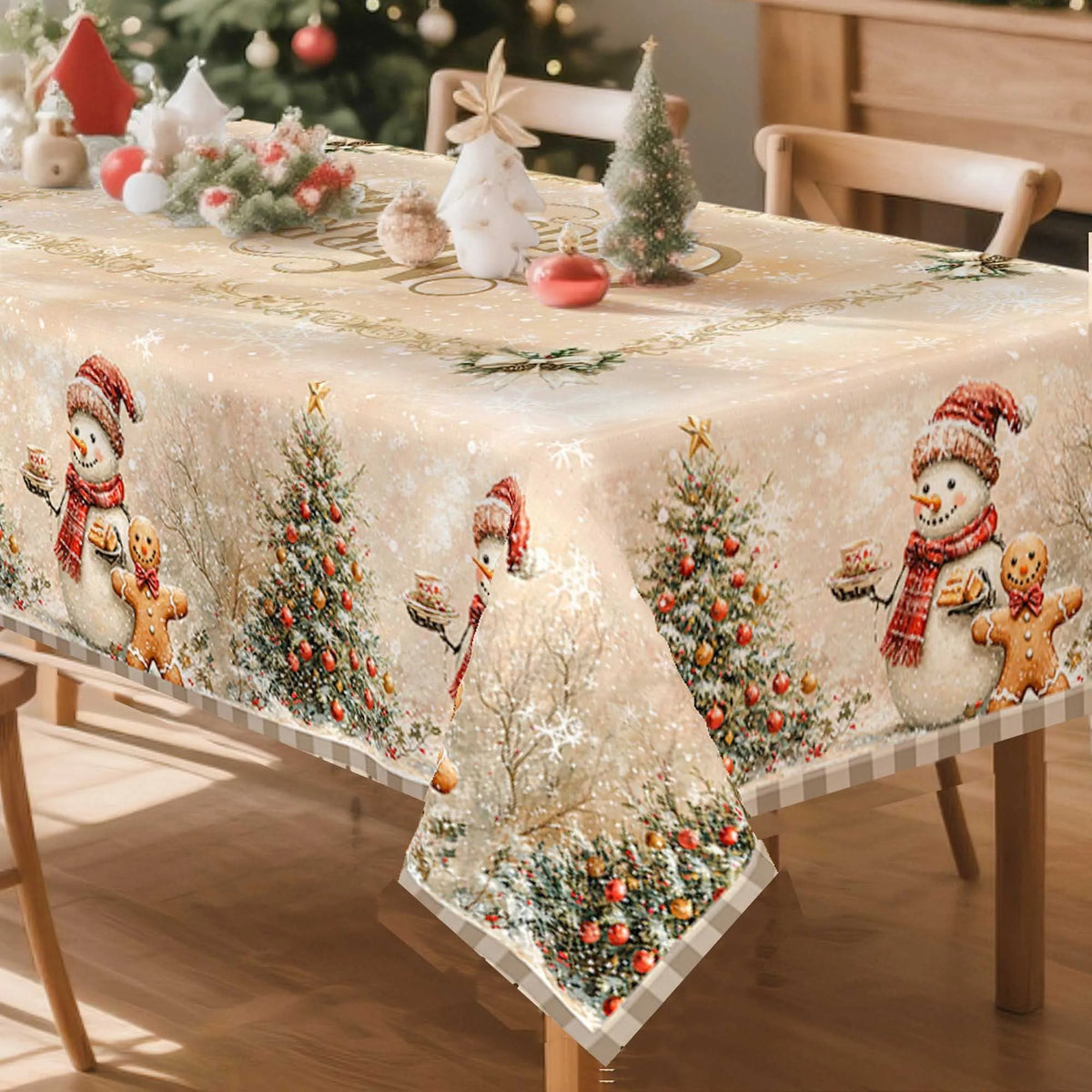 Linen Rustic Christmas Snowman & Gingerbread Man Tablecloth Rectangular Table Cover for Dining Room Kitchen - Various Sizes