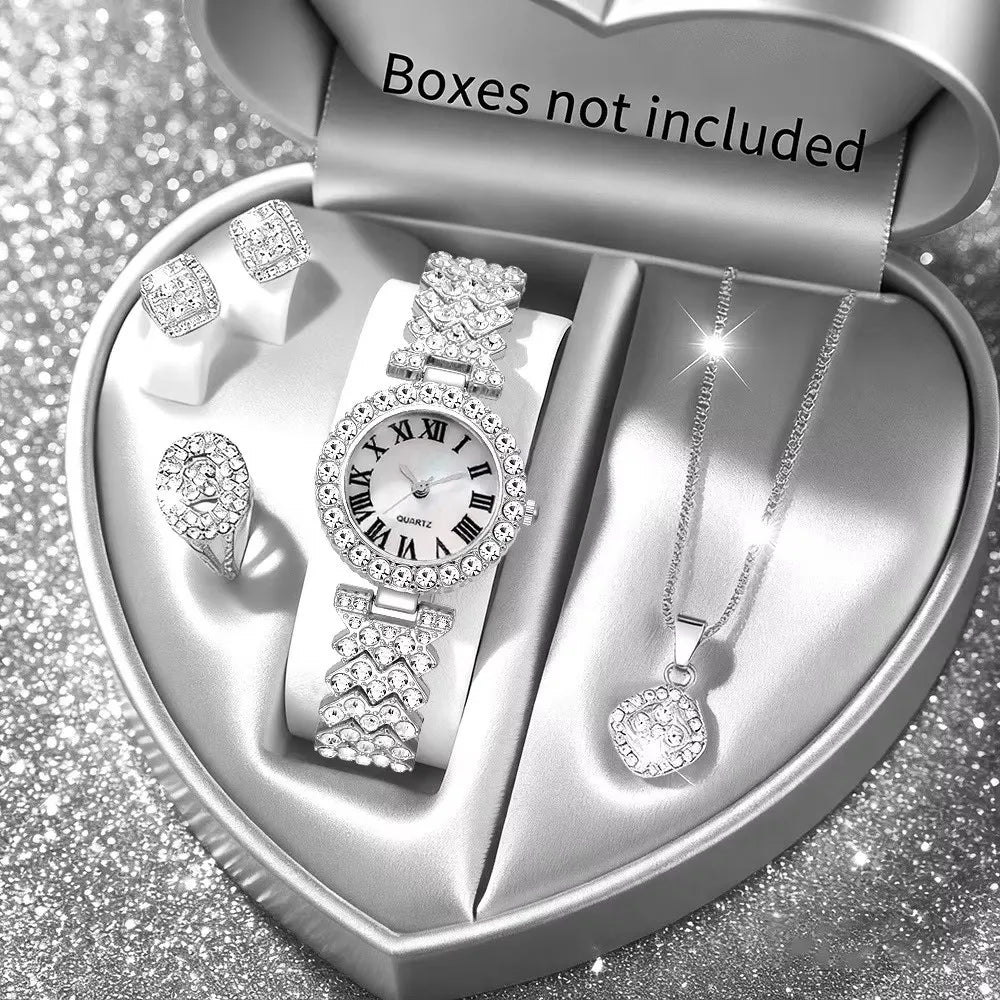 5PCS Elegant Rhinestone Women Quartz Watch Jewelry Set Fashion Ladies Bracelet Strap Wristwatches Reloj Mujer（Without Box） - Gifts