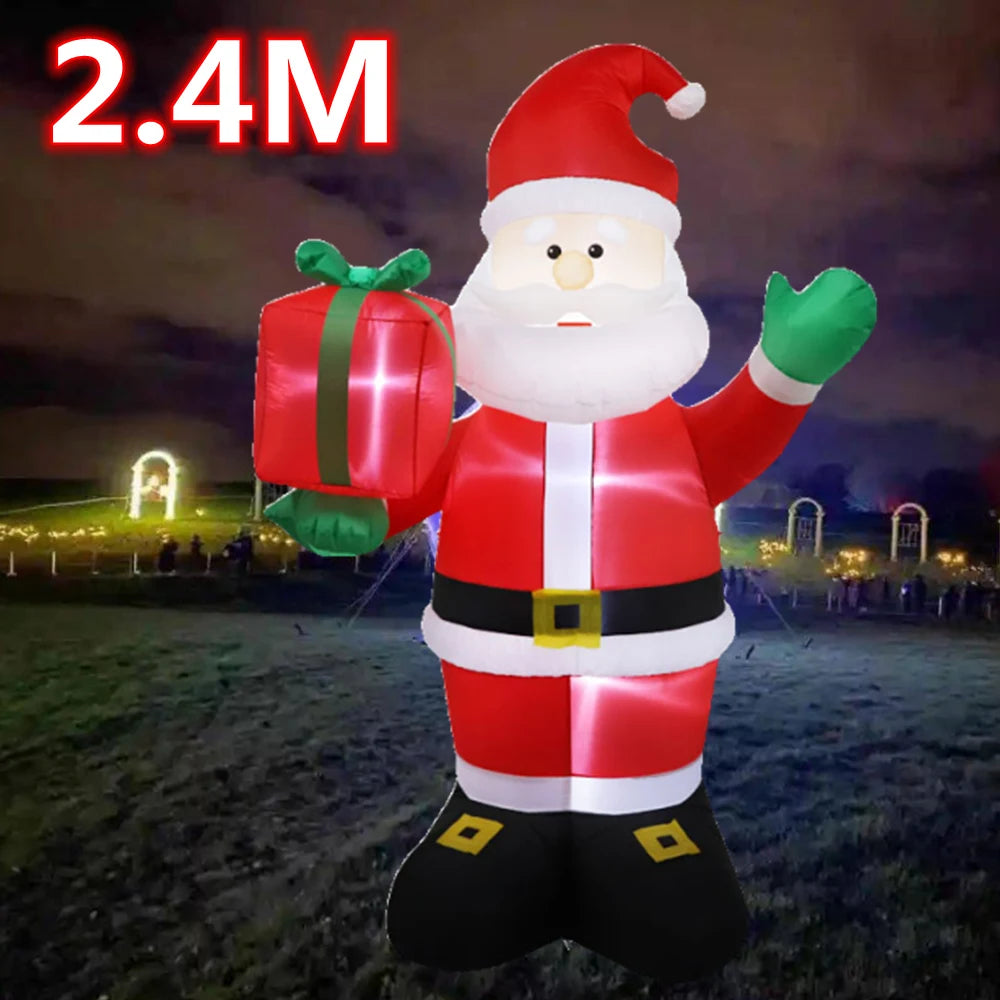 2.4M Christmas Inflatable Santa Claus Waving Gift Pack Built-in LED Lights Indoor Outdoor Holiday Decoration Garden Party Props