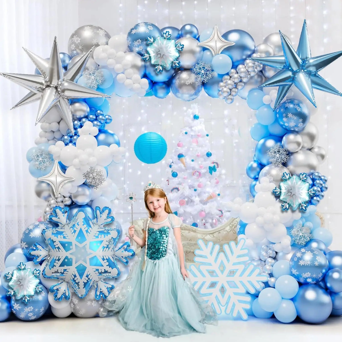 Blue White Sliver Frozen Balloon Arch Garland Kit for Girl Winter Wonderland Princess Snowflake Birthday Party Decorations