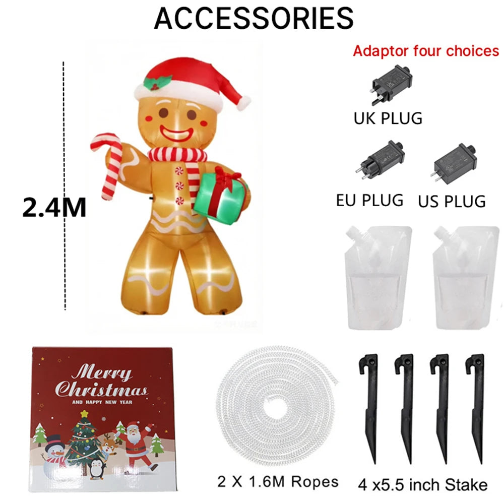 Giant Christmas Inflatables Gingerbread Man with Gift Pack Outdoor Decorations with LED Lights for Lawn 8FT/2.4M