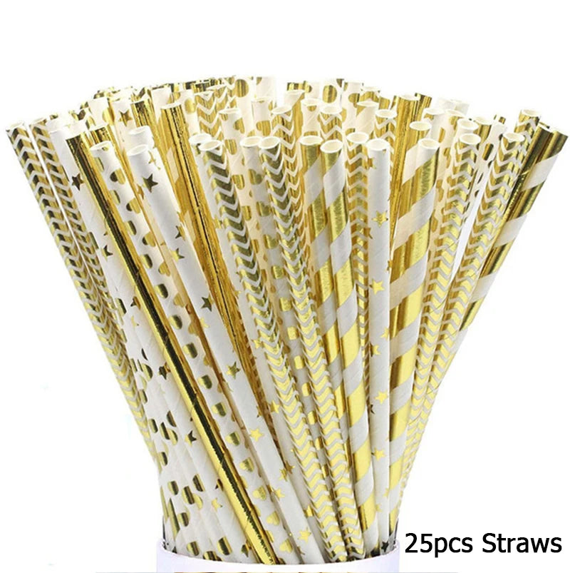 Deluxe White Disposable Tableware Set Party Gold Paper Plates for Weddings; Birthday Party; Baby Shower ; Party Supplies