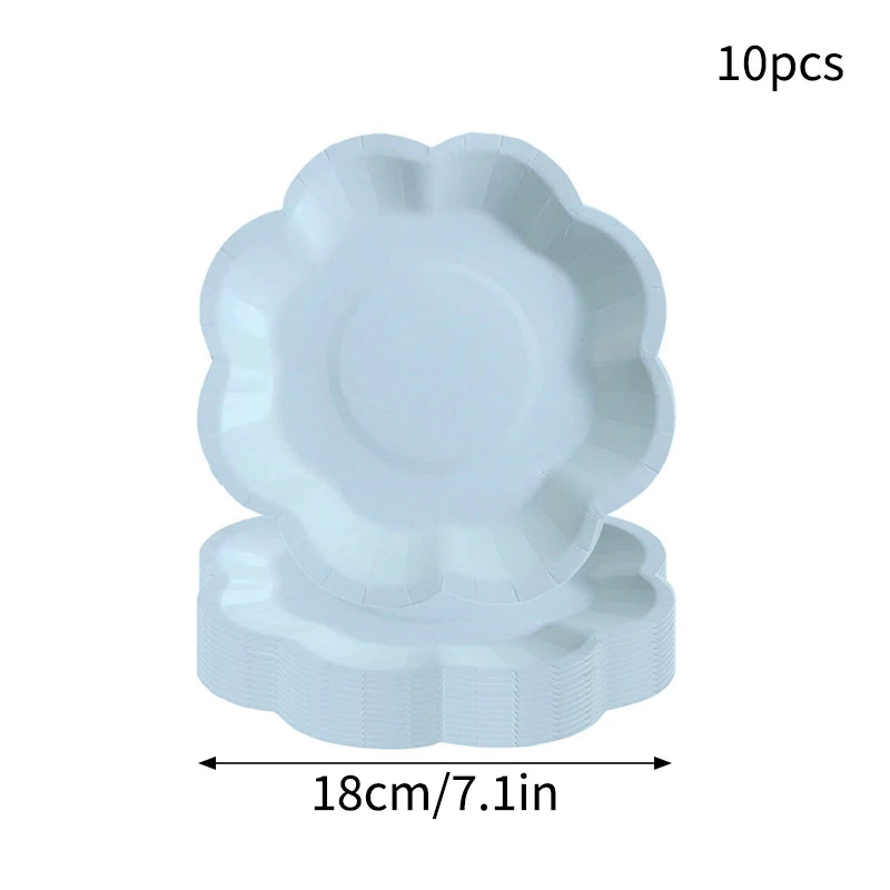 Deluxe Party Decoration Paper Plates Cups and Serviettes Birthday Wedding Party Supplies Christmas Party  - Flower Shape |  White  Pink Baby Blue Lilac