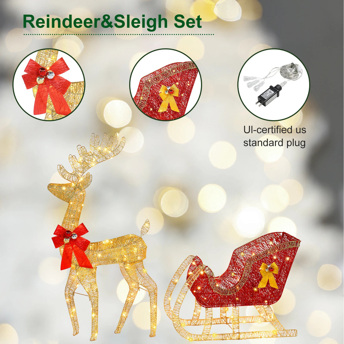 4ft Pre-Lit Golden Elk & Sleigh Christmas Decoration, Light Up Reindeer Sled with 210 LED Lights, Outdoor Garden Yard Festive Ornament, Mains Powered UK Plug, 120cm
