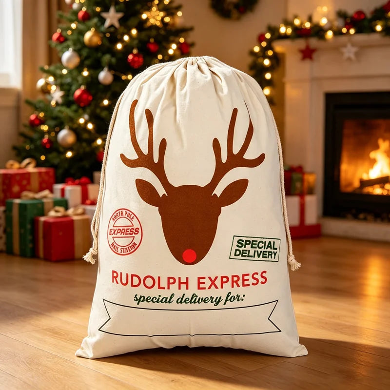 Large Christmas Santa Sack Canvas Drawstring Gift Bag Rudolph Reindeer Print Storage Pouch for Xmas Party Favors