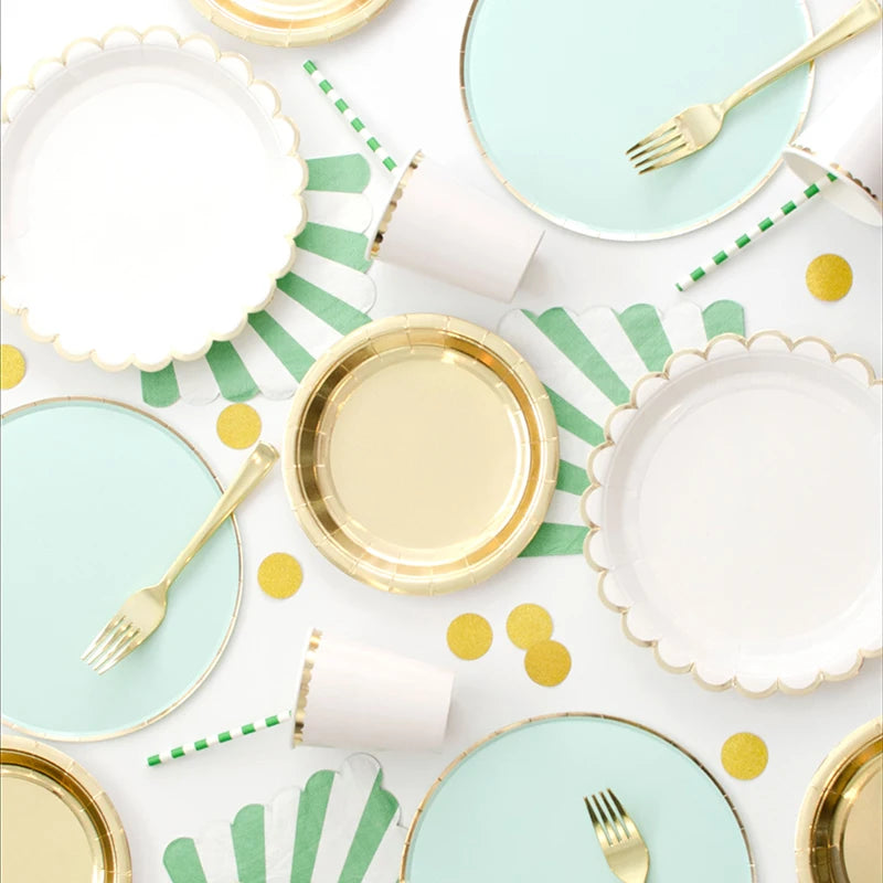 Deluxe Disposable Tableware White with Gold Rim Plate Paper Cup Tablecloth and Large Number Balloon for Birthday Party Wedding Decoration Baby Shower  Party Supplies  CutleryStraws