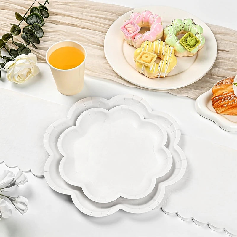 Deluxe Party Decoration Paper Plates Cups and Serviettes Birthday Wedding Party Supplies Christmas Party  - Flower Shape |  White  Pink Baby Blue Lilac