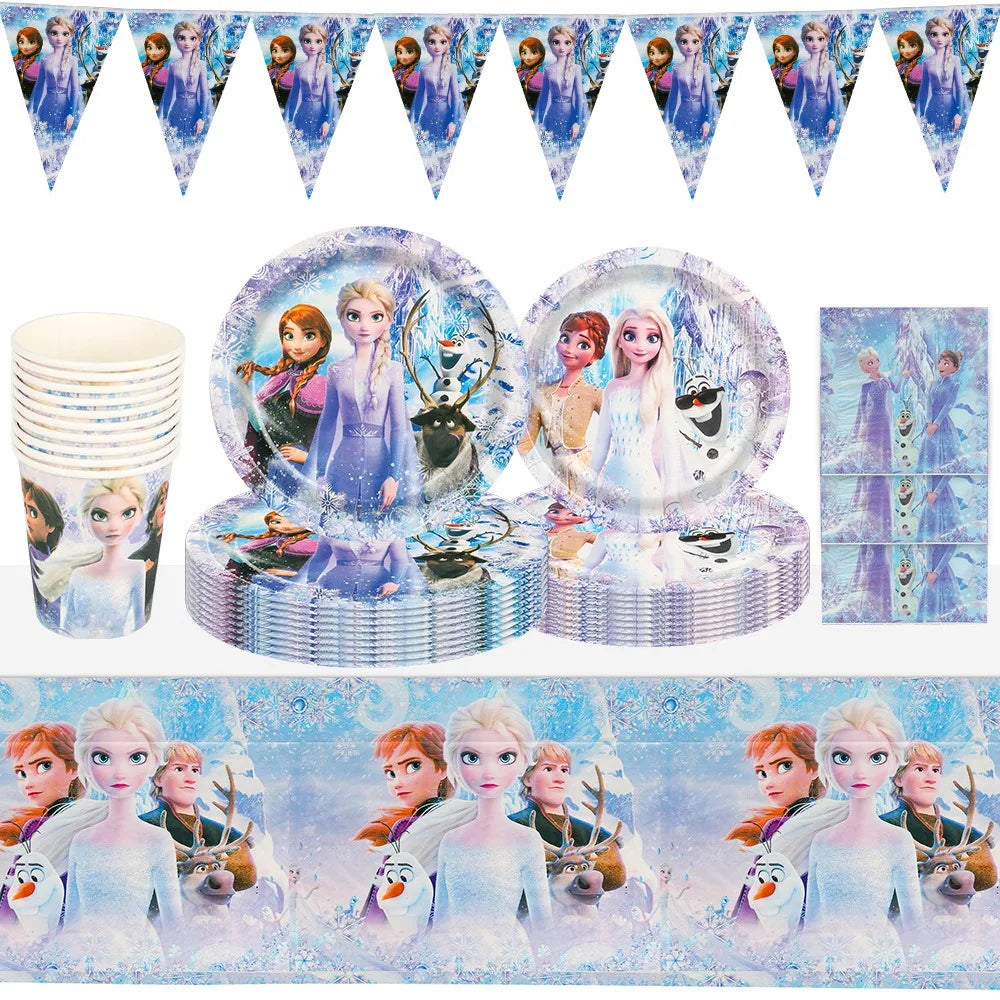 Elsa & Anna Princess Birthday Party Kit – Frozen-Themed Decorations, Balloons, Banner, Plates, Cups & Gift Bags
