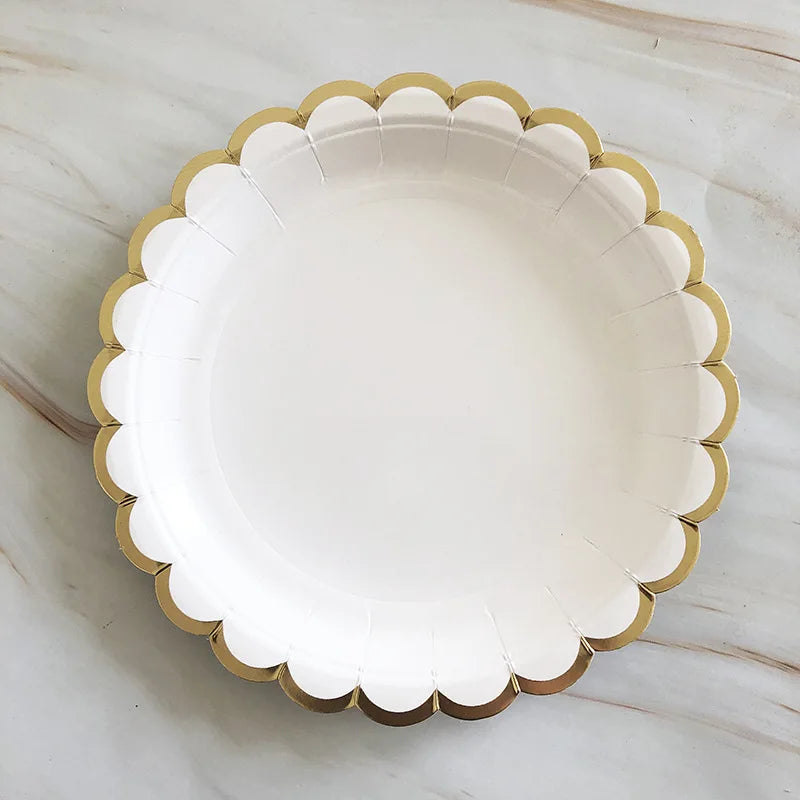 Deluxe White Disposable Tableware Set Party Gold Paper Plates for Weddings; Birthday Party; Baby Shower ; Party Supplies