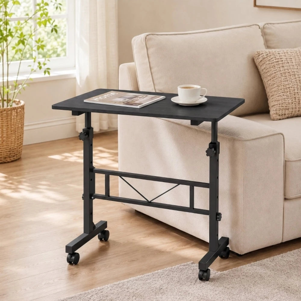 Overbed Table Adjustable Height 70-110cm, Mobile Laptop Side Table with Lockable Wheels, Steel Frame Rolling Bedside Table for Bedroom Living Room Study, 80×40cm Desktop Hold Up to 15kg