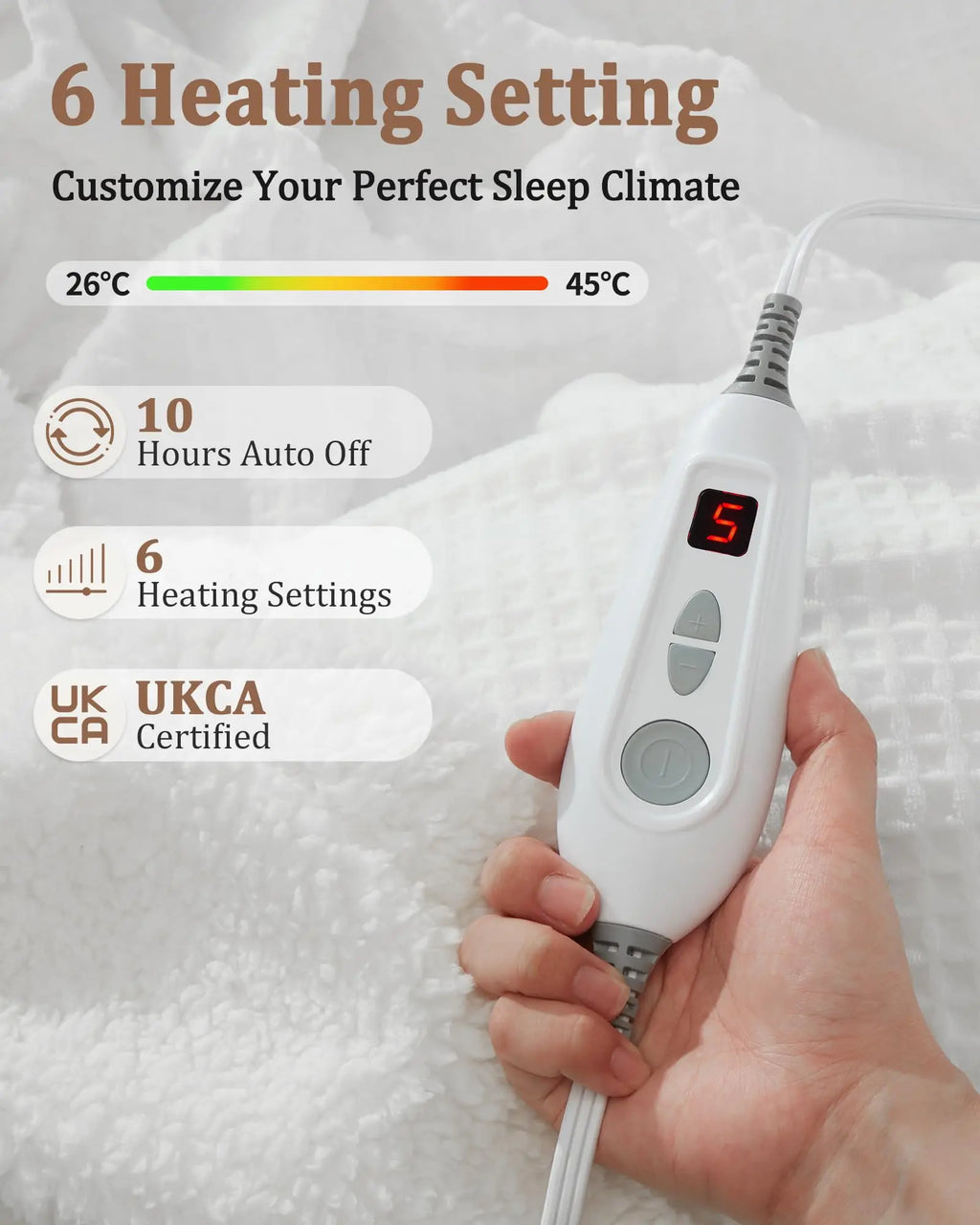 Electric Heated Blanket 160X130cm 6 Heat Levels 10h Auto Shut-Off Dual-Sided Soft Flannel Fast Heating Machine Washable Overheat Protection CE Certified Grey EU Plug for Sofa Bed