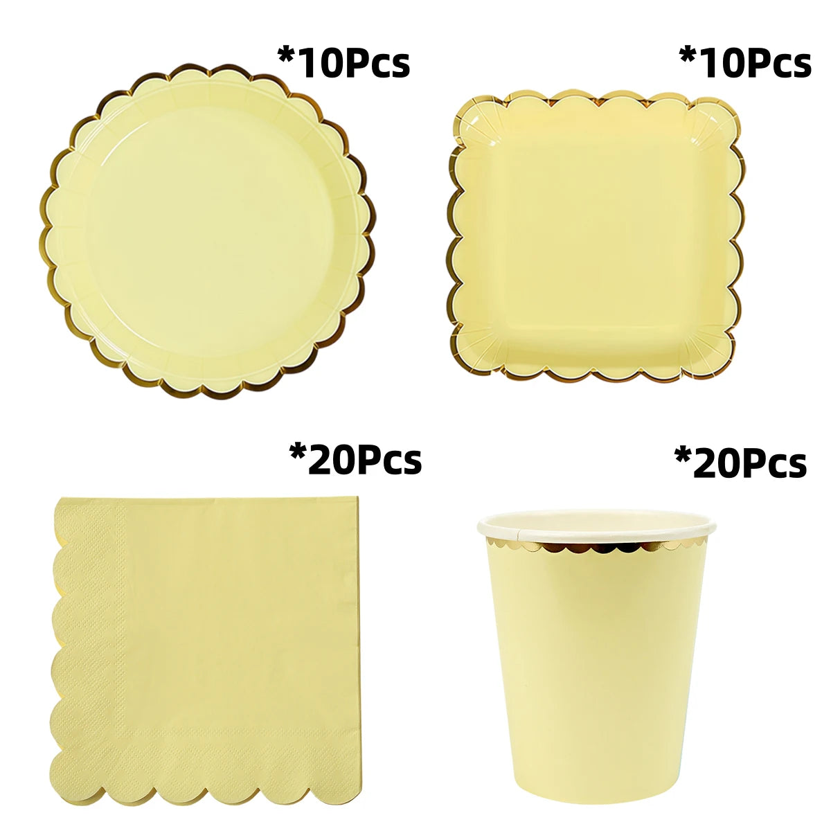 Deluxe Pastel Coloured Scalloped Edge Gold Foil Paper Plates Cups Napkins Disposable Tableware Set for Birthday Wedding Celebration Party Supplies