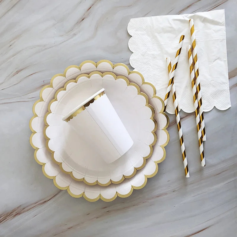 Deluxe White Disposable Tableware Set Party Gold Paper Plates for Weddings; Birthday Party; Baby Shower ; Party Supplies