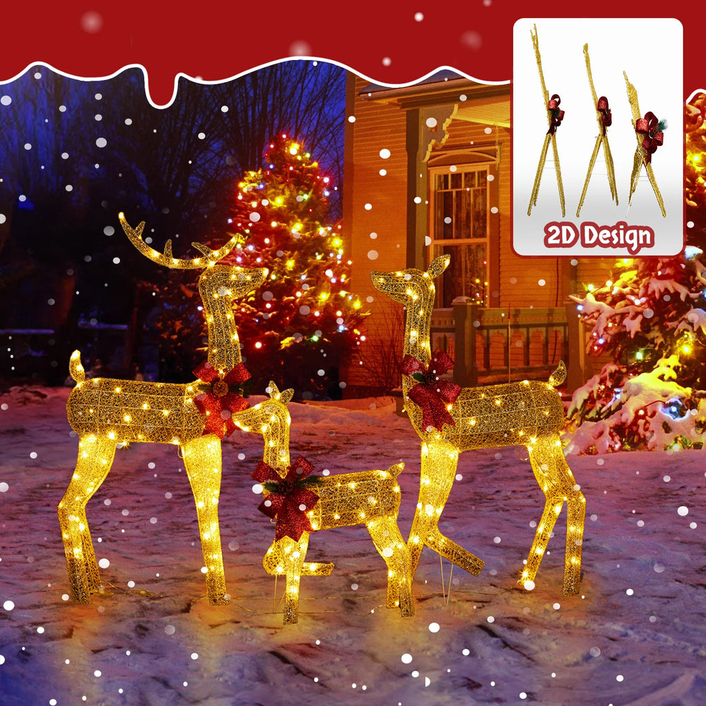 3-Piece Lighted Christmas Reindeer Family Set Outdoor Decorations, Weather Proof 2D Deer Family Set of 3 Christmas Ornament Home Decor Pre-lit 200 LED Warm White Lights with Stakes, Colour: Golden