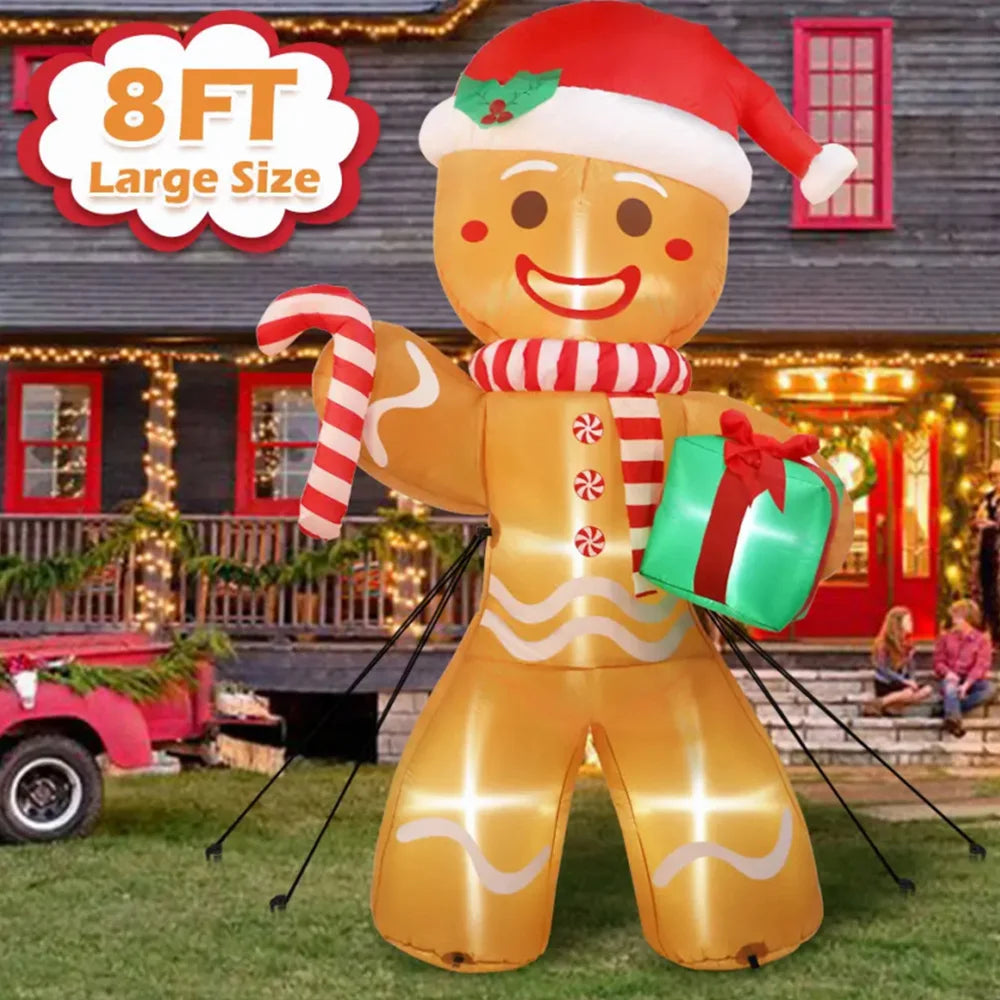 Giant Christmas Inflatables Gingerbread Man with Gift Pack Outdoor Decorations with LED Lights for Lawn 8FT/2.4M