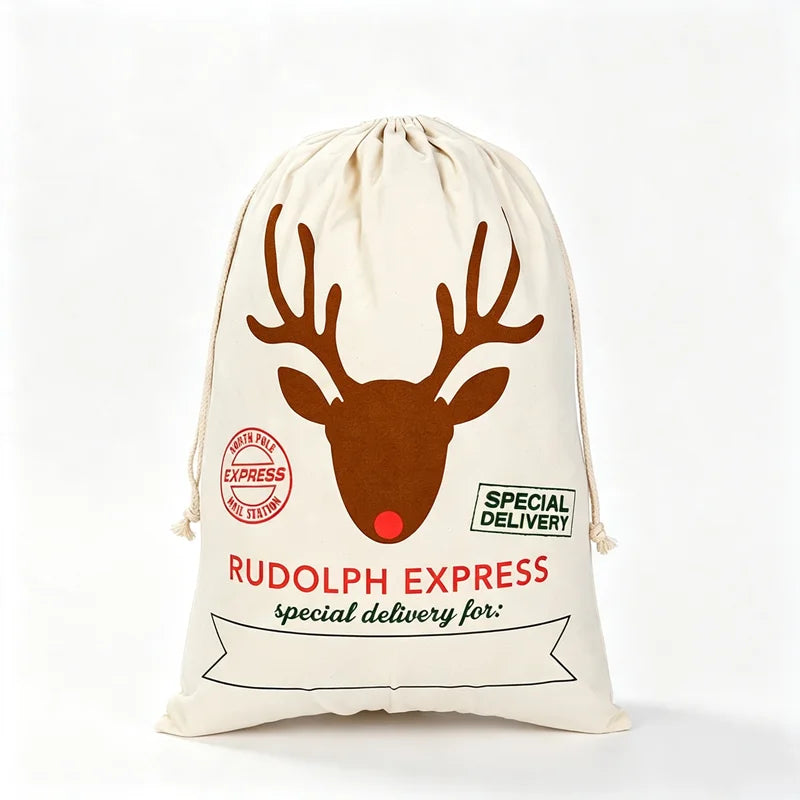 Large Christmas Santa Sack Canvas Drawstring Gift Bag Rudolph Reindeer Print Storage Pouch for Xmas Party Favors