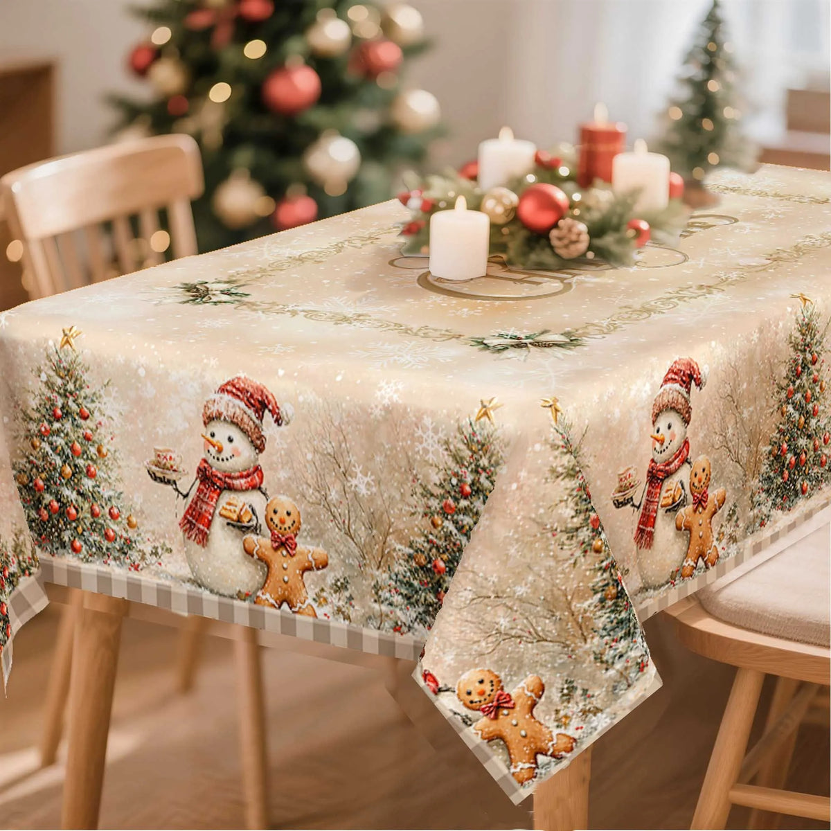 Linen Rustic Christmas Snowman & Gingerbread Man Tablecloth Rectangular Table Cover for Dining Room Kitchen - Various Sizes