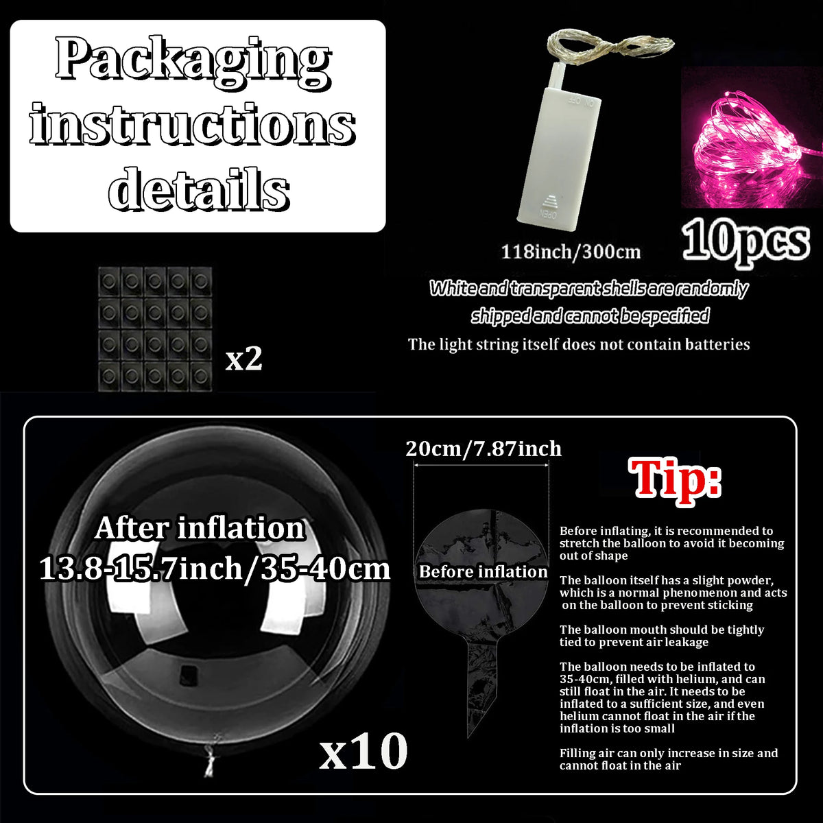 Ten Piece Set of LED Transparent Luminous Balloons for Anniversary, Wedding, Birthday, Party Decoration