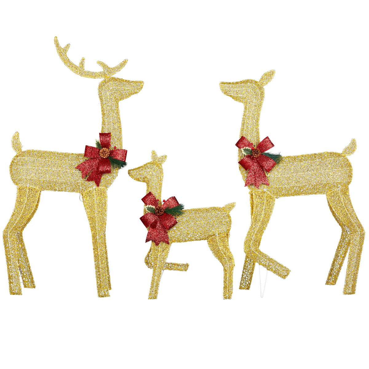 3-Piece Lighted Christmas Reindeer Family Set Outdoor Decorations, Weather Proof 2D Deer Family Set of 3 Christmas Ornament Home Decor Pre-lit 200 LED Warm White Lights with Stakes, Colour: Golden