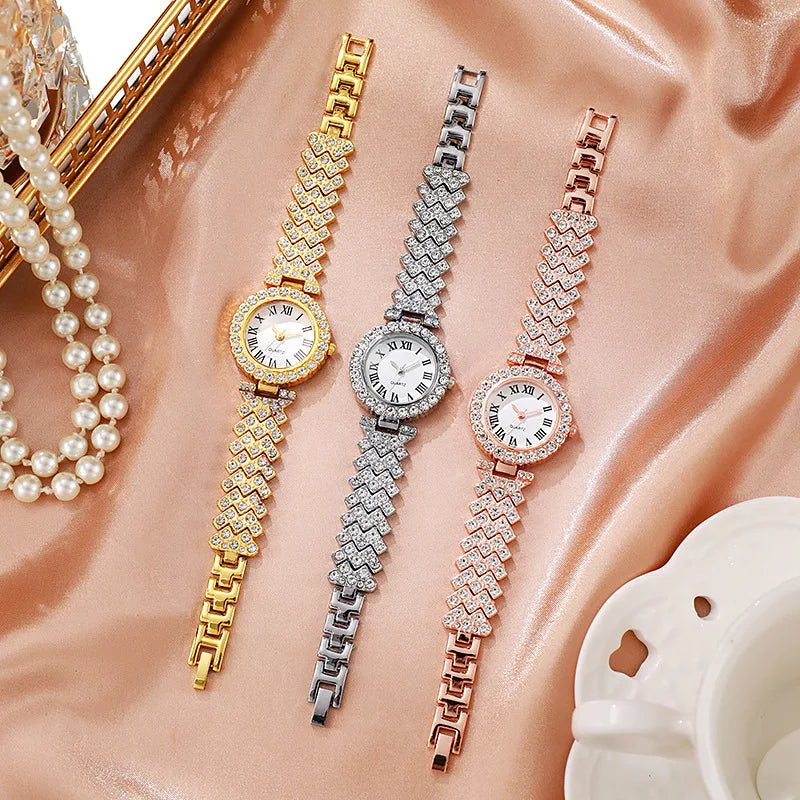 5PCS Elegant Rhinestone Women Quartz Watch Jewelry Set Fashion Ladies Bracelet Strap Wristwatches Reloj Mujer（Without Box） - Gifts