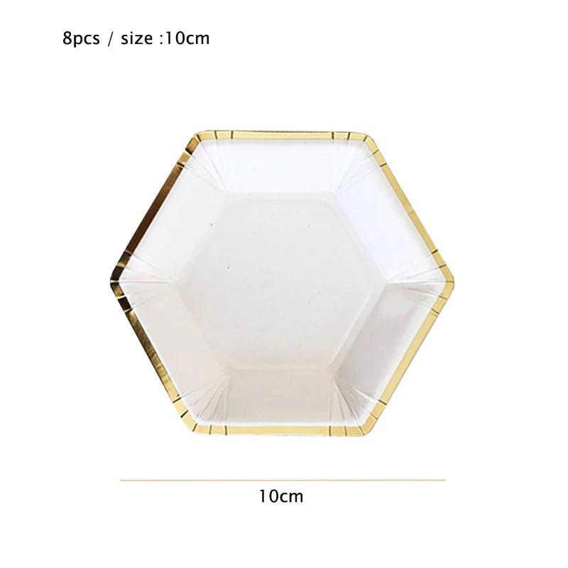Deluxe White Disposable Tableware Set Party Gold Paper Plates for Weddings; Birthday Party; Baby Shower ; Party Supplies